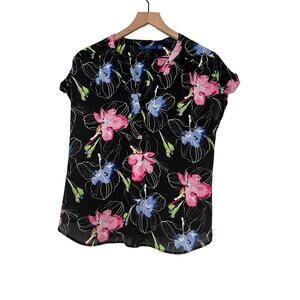 Apt 9 Womens Black Multicolor Floral Short Sleeve Blouse Size Medium Petite